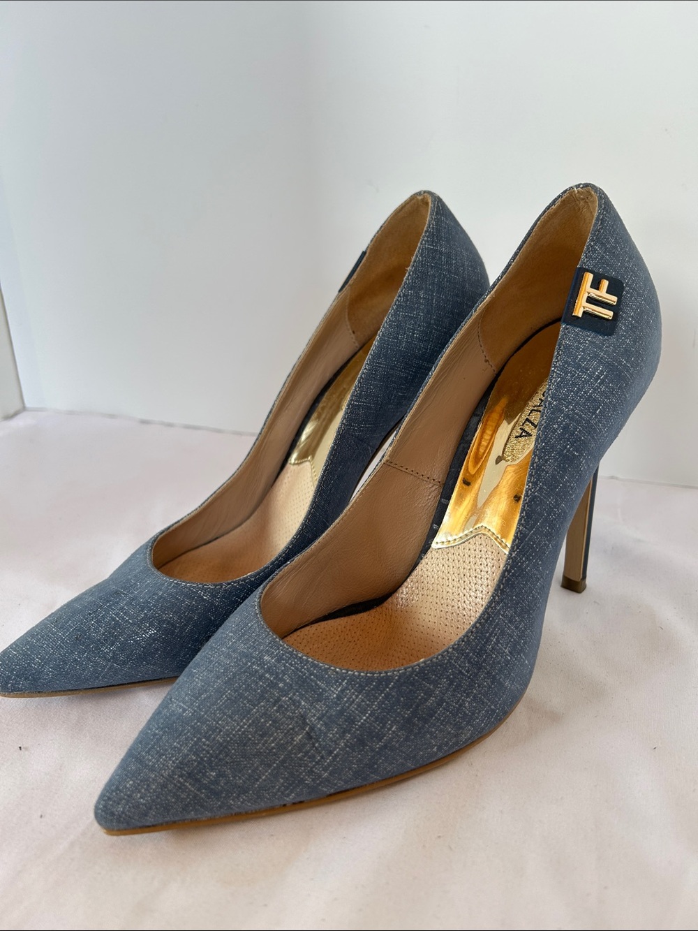 Tom Ford Denim-Textured Blue Pointed-Toe Stiletto Heels with Gold Logo